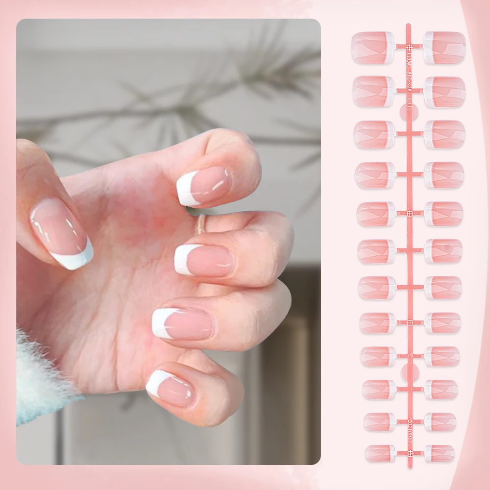 24Pcs French Square Round Head Fake Nails Natural Nude/Pink Press On Nails Tips With White-edges Wearable Full Cover Flase Nails