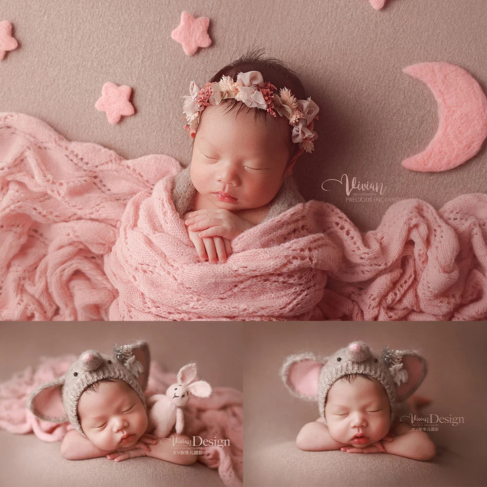 

Newborn Photography Props Knitted Wraps Gray Elephant Hat with Headband Star Moon Background Decor Photo Studio Baby Shoot Props