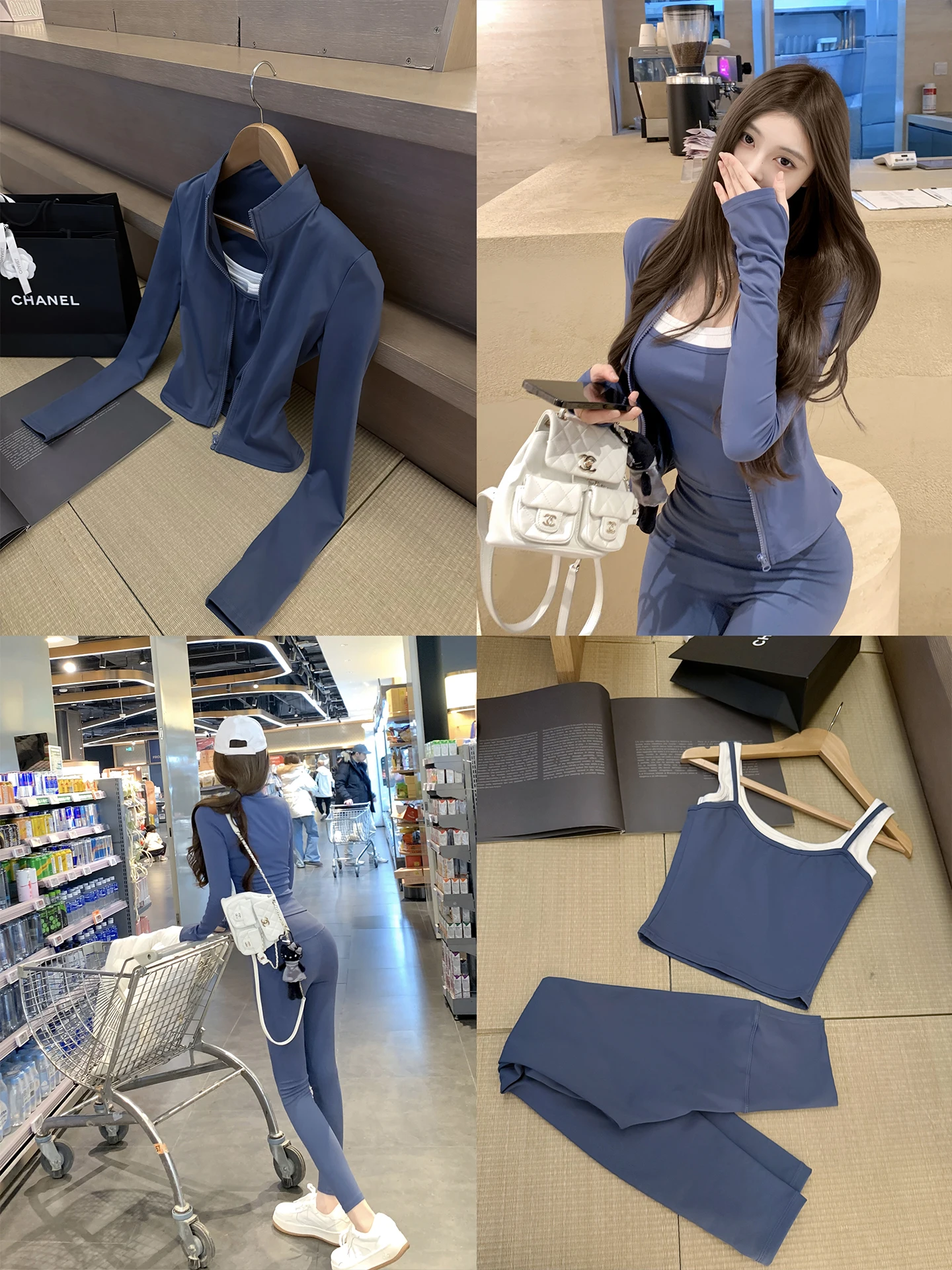 

Ruyu A0 Blue Stone Color Sports Tank Top Yoga Pants Set Casual Slimming Faionable Tee-piece Women's Winter Sportswear