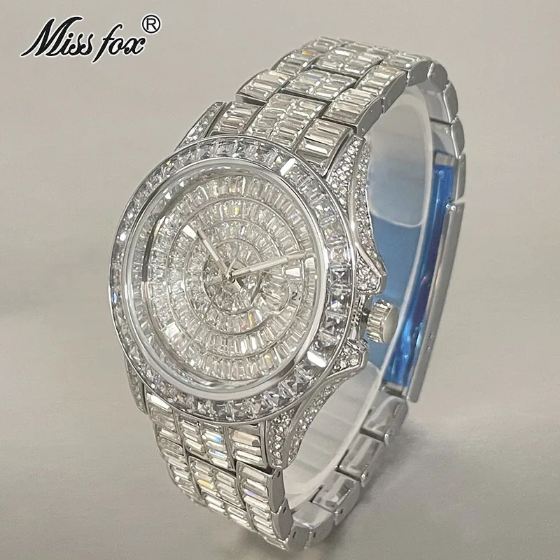 Fashion Men's Iced Out Watches Brand MISSFOX Luxury Automatic Date Male Clock Hip Hop Big Square Diamond Bling Wristwatch Reloj