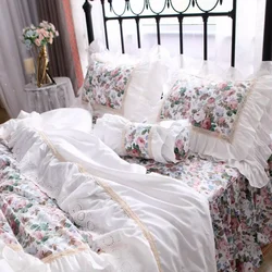 American Style Pastoral Bedding Set Luxury Egyptian Cotton Bed Set Flowers Print Princess Lace Duvet Cover Bed Skirt Pillowcases
