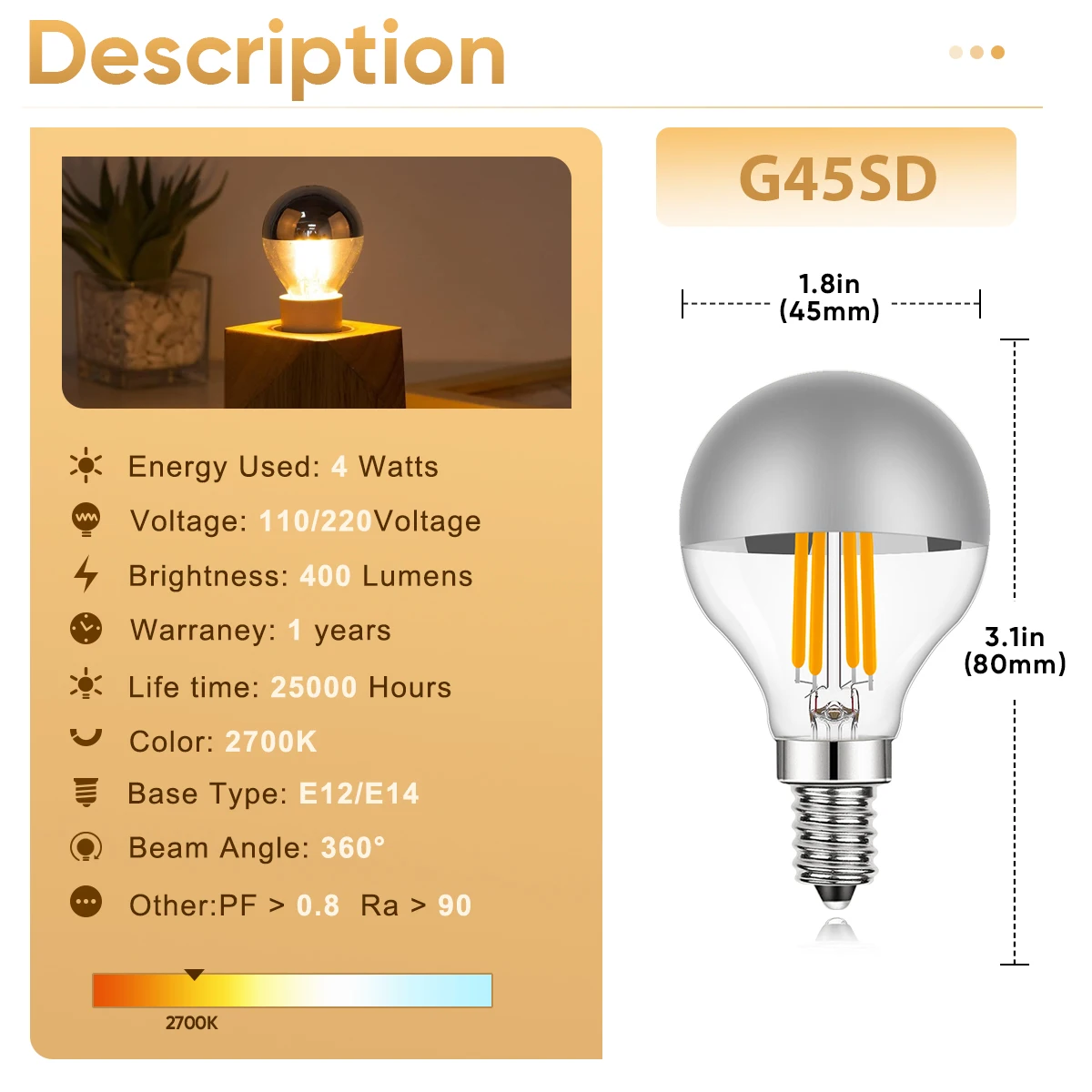 Half Silver Globe G45 Led Bulb E14 220V 4W Dimmable E12 110V Warm White Pendant Vintage Chandelier Night Light Decoration Indoor