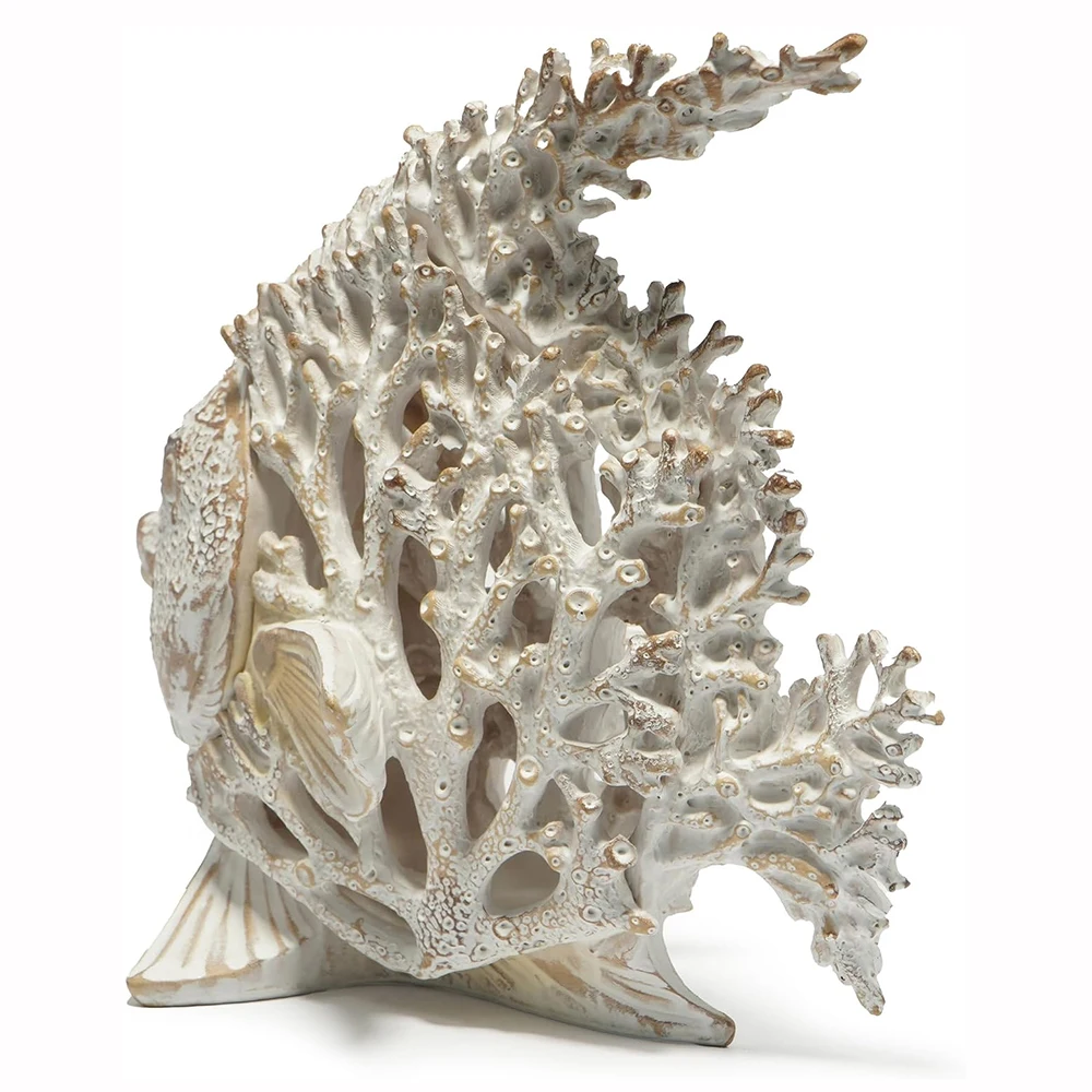 Hodao Resin Coral Reef Fish Figurine, Hand-Painted Ivory Tropical Fish Sculpture, Coastal Nautical Beach Home Tabletop Art Decor