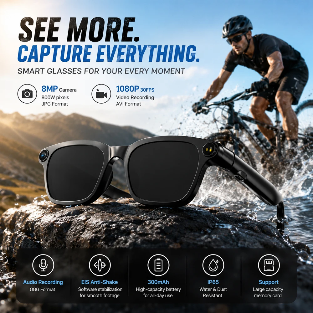 2026 New AI Smart Glasses 8MP Camera 1080P AVI Video JPG Photo OGG Audio Anti Shake 300mAh IP65 Waterproof Capture Clearly