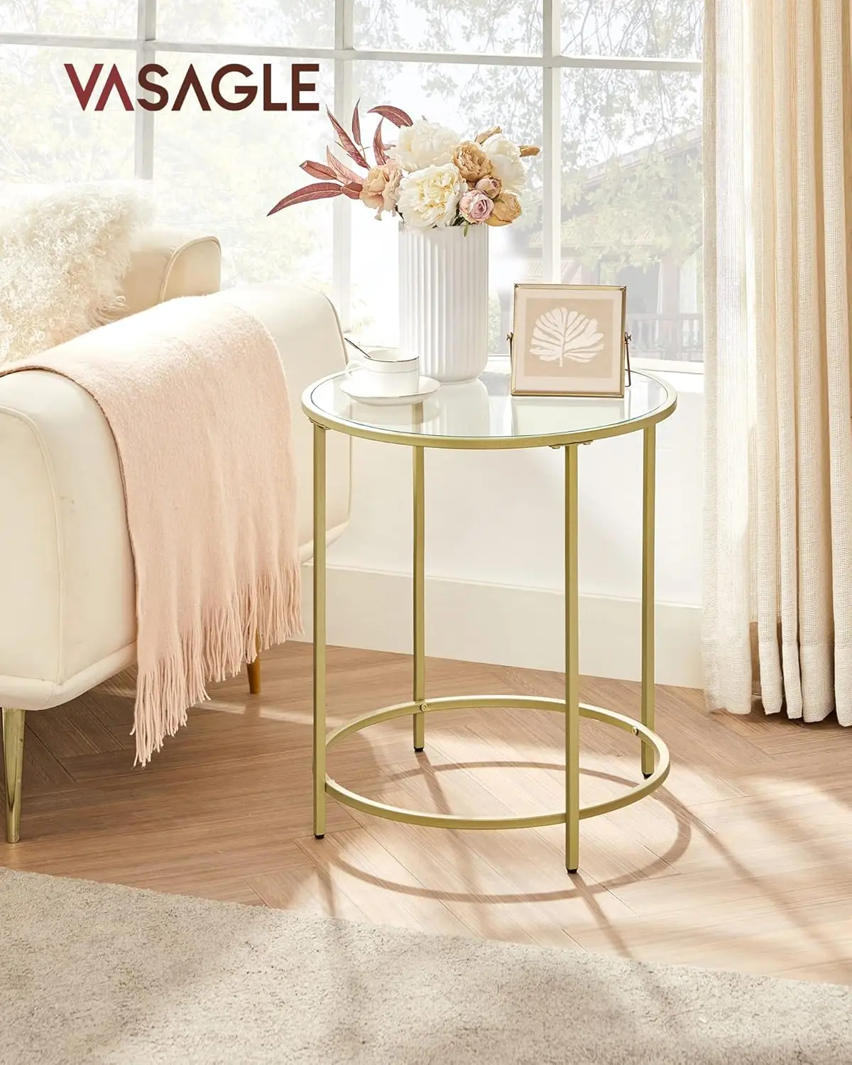 

Round Side Tables, Set of 2, Glass End Metal Frame, Gold Coffee with Modern Style, for Living Room, Balcony, Bedroom,