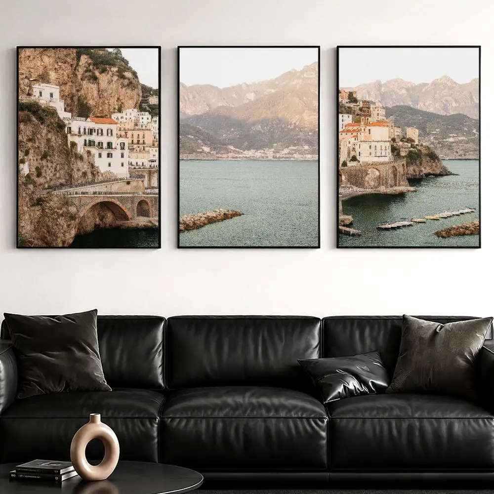 Mediterranean Coastal Escape Painting Calligraphy Canvas Wall Art Print Set | Living Room Bedroom Aesthetics Decor Gift