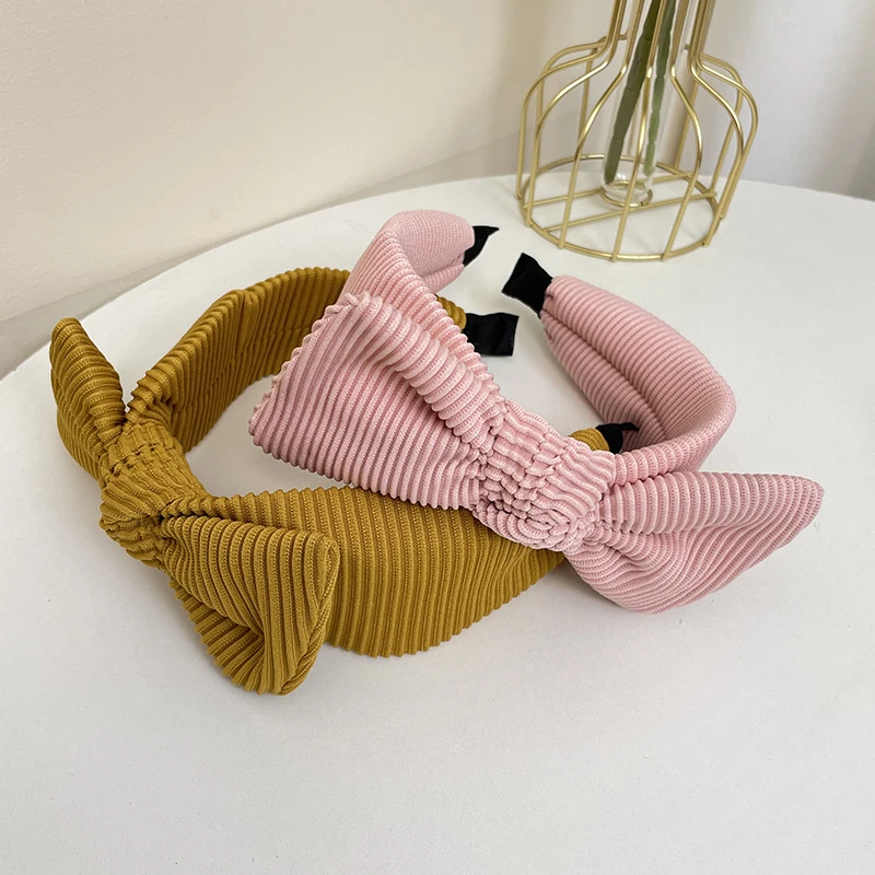 New Knitted Stripe Butterfly Tie Hair Hoop Women's Creative Solid Color Rabbit Ears Wide Edge Headband Press Hair Clip