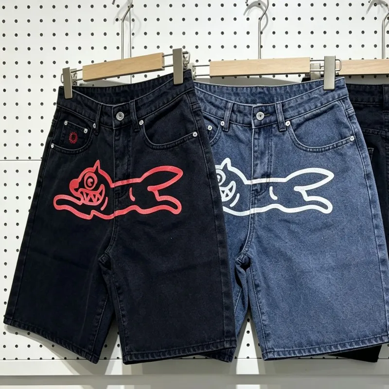 

26ss ICECREAM Jeans Shorts Running Dog Print Washed Black Blue Denim Pants High Street Button Zipper Men Women Casual Outfit