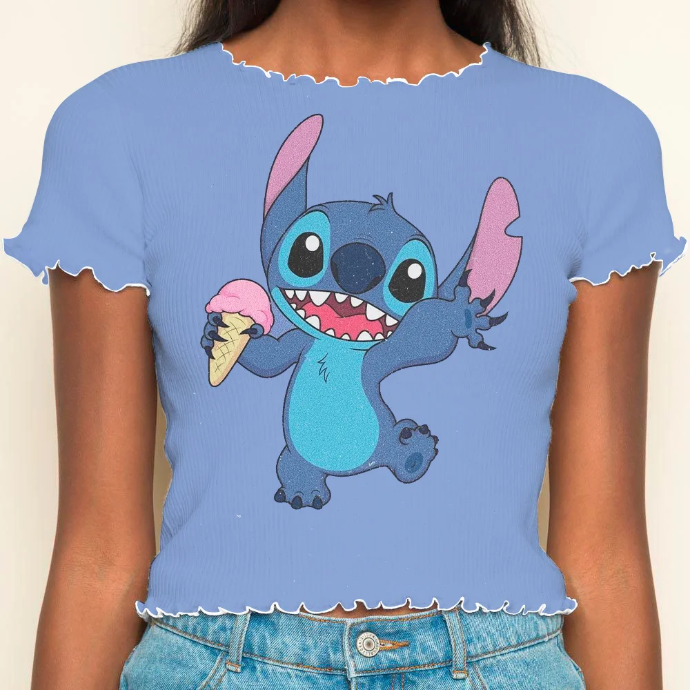 Summer Clothes Women 2024 Short Sleeve Lettuce Trim T-shirt Disney Stitch Crop Top T-shirts Y2k Woman Clothing Tops Sexys Disney