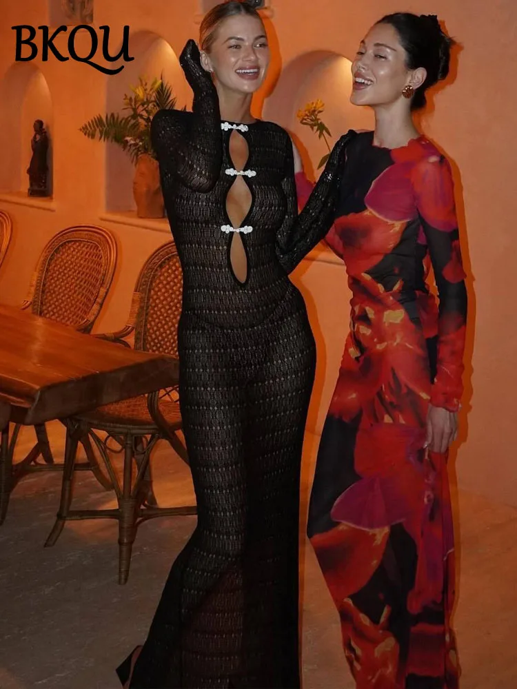BKQU Hollow Out Knitted Maxi Dress Women Sexy Backless Lace Up Slit Evening Gown See Through Elegant Party Cover Up Long Dresses