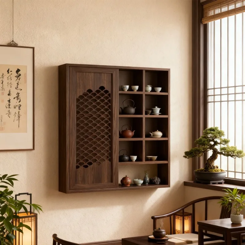 Solid Wood Storage Holders Fish Scale Hollow Sliding Door Dustproof Grid Cabinet Vintage China Zen Farmhouse Style Home Storage