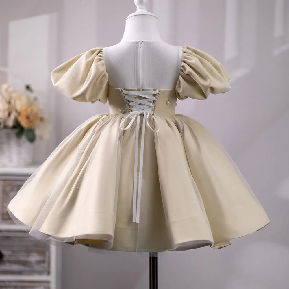 Jill Wish Luxury Dubai Champagne Girl Dress Pearls Princess Baby Kids Wedding Birthday Party Evening Gown Holy Communion J232