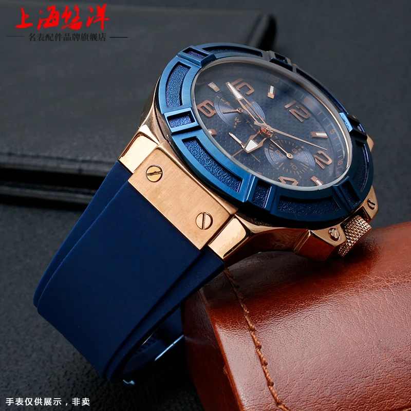 New Genuine Leather Watchband 22mm Silicone watch bracelet for GUESS W0040G3 W0040G5 W0247G3 Blue Wrist band men\'s watch strap