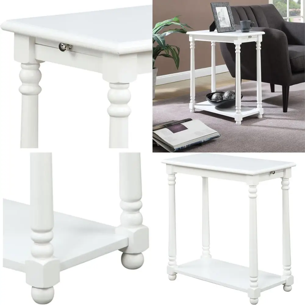 

Traditional Farmhouse Side Table with Pull-Out Shelf, 23.75 White, Storage Shelf for Living Room