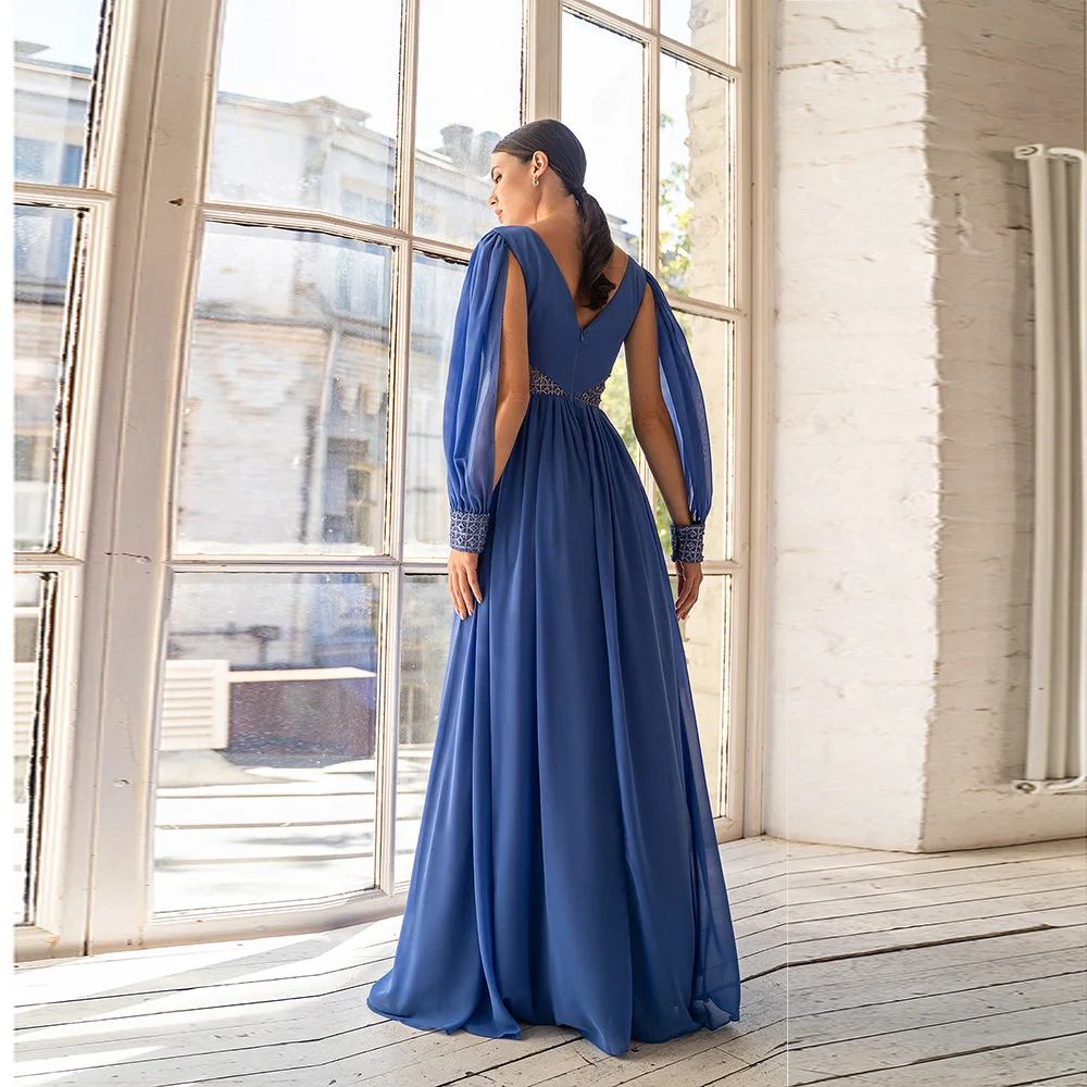 Customized Blue A-Line Prom Gown Deep V-Neck Long Sleeve Floor-Length Party Dress Elegant Beading Crystal Pleat Chiffon Evening