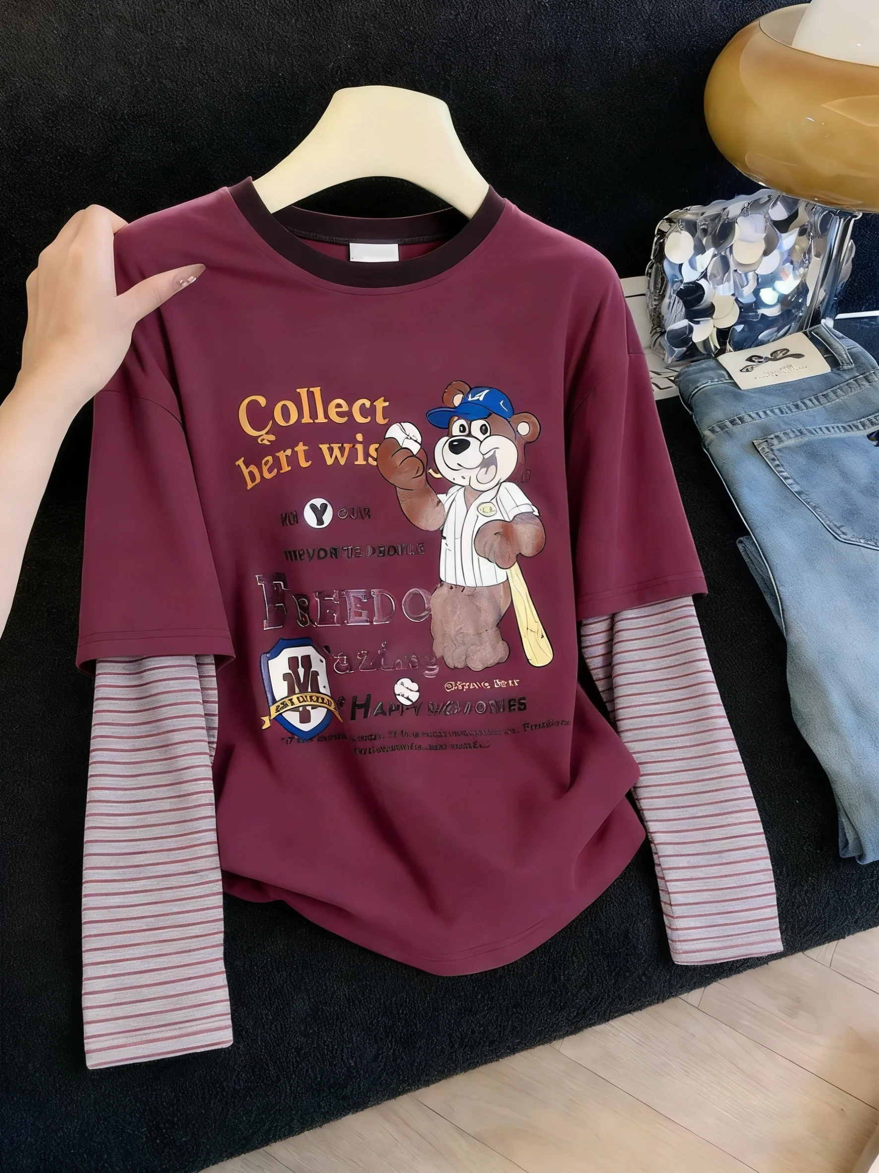 

Женская футболка с длинным рукавом в стиле ретро с японским принтом и полосками, модный повседневный топ из полиэстера для весны и осени, стандартный крой