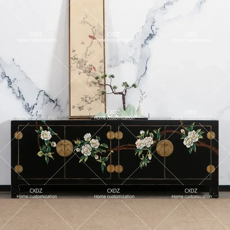 New Chinese Hand Painted TV Cabinet Antique Solid Wood Simple Black Lacquer Living Room Decorative Low Cabinet Audio Visual