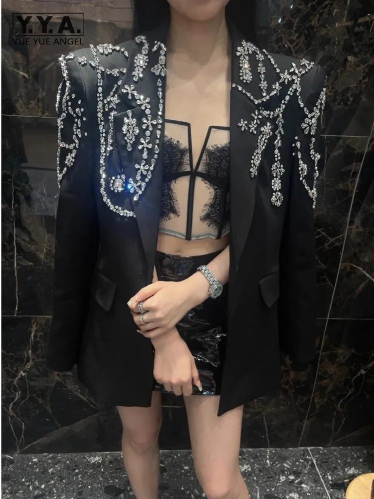 Designer Women Luxury Diamonds Fashion Shoulder Pad Black Suit Jacket Loose FitSingle Breasted Party Lady Elegant Blazers Coat