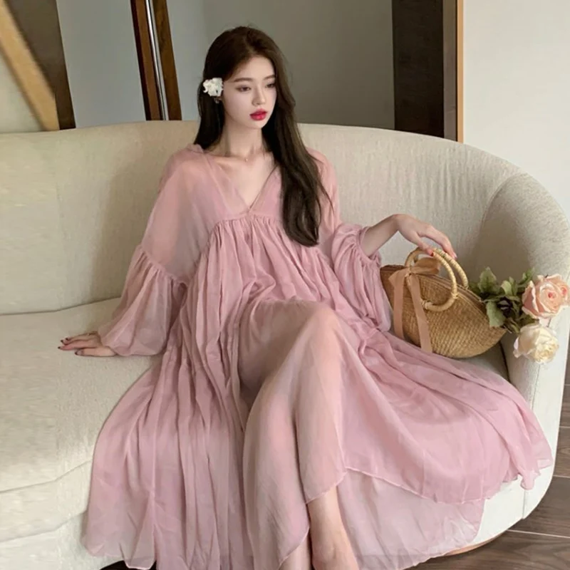 2024 New Plus Size Women's Dress Summer Seaside Holiday Chiffon Beach Dresses Long Sleeve Elegant Luxury Party Vestidos Female