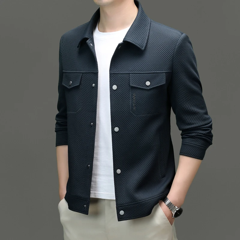 

Fashion Trend Business Knitted Elastic Cargo Lapel Jacket Korean Men's Casual Coat 2025 New High Quality Fashion Handsome Jacket