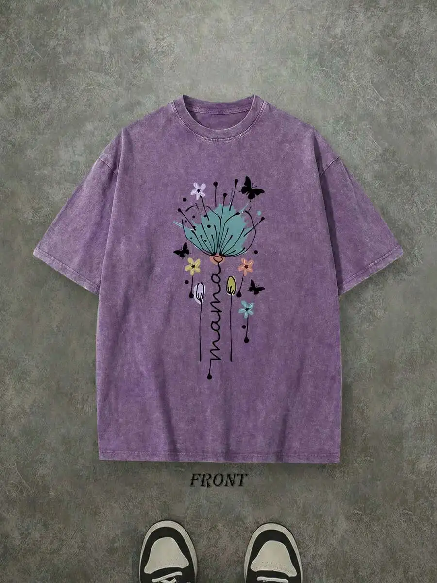 

Washed Purple Cotton T-Shirt With Floral Butterfly Print And Mom Graphic