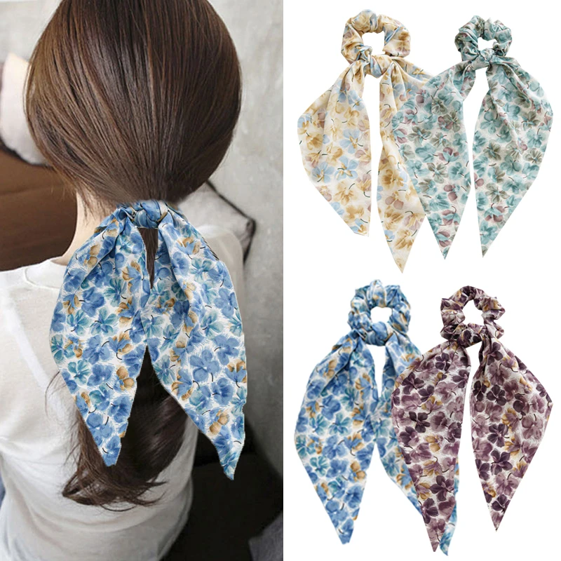 2023 Summer Colorful Bow Satin Long Ribbon Women Hair Scrunchies Bow Scarf Ponytail Holder Elastic Hair Bands Hair Accessories
