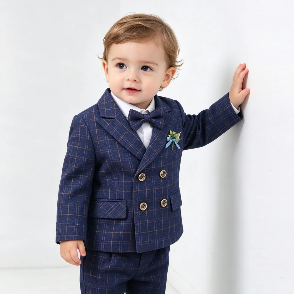 Baby Boy Blue Plaid 4Pcs Suit Set with Blazer Vest Pants Bow Tie - Kids Gentleman Outfit for Wedding Birthday Party Formal Dress