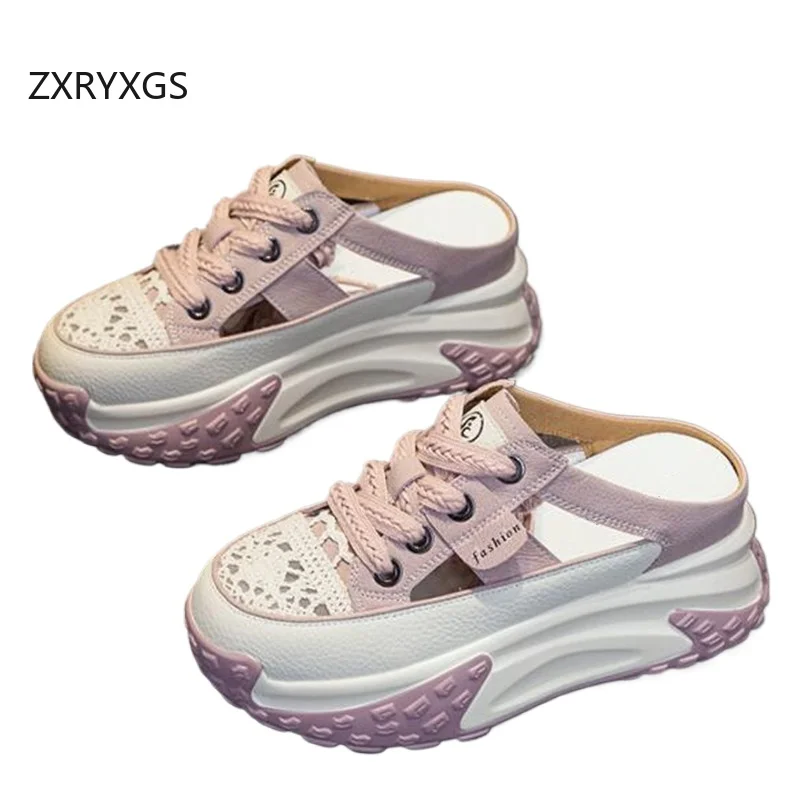 ZXRYXGS 2024 Lace-up Round Toe Summer Cowhide Lace Hollow Spell Color Splicing Women Slippers Platform Non-slip Elevated Sandals