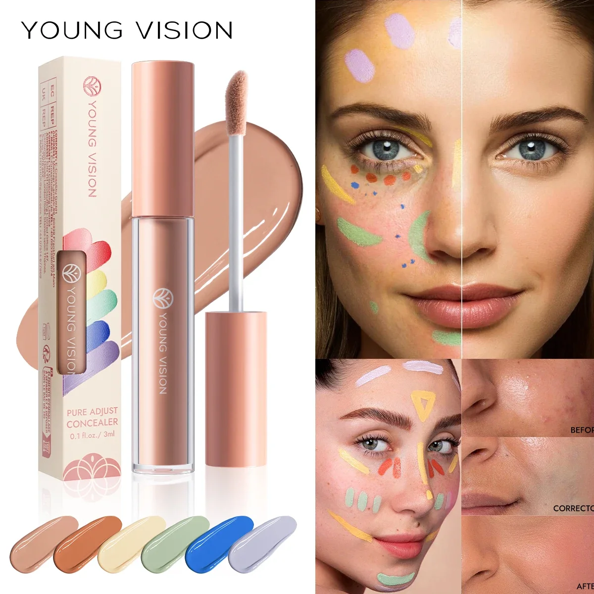 YOUNG VISION Corrector fresco hidratante de 6 colores ilumina el tono de la piel y cubre las imperfecciones y las ojeras corrector