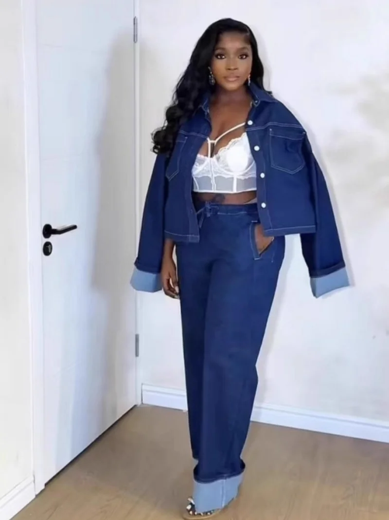 

Комплект из двух предметов в стиле стритвир: джинсовый костюм для женщин, весенняя одежда, рубашка с длинным рукавом и прямые джинсы, повседневный женский комплект из джинсовой ткани