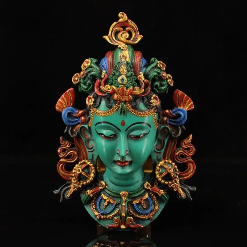 

20cm Nepalese Painted Gold Green Tara Mask Head Can Be Hung on The Wall By Hand