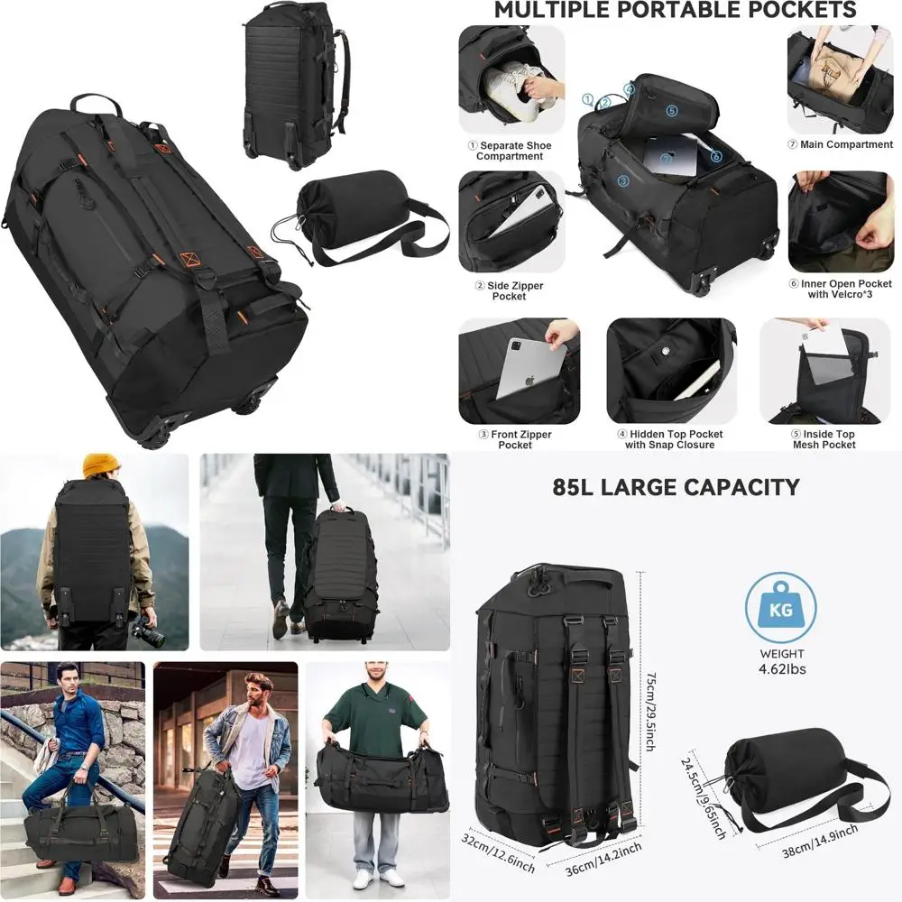 

Складной рюкзак на колесиках объемом 85 л, большая дорожная дорожная сумка с мягкой стороны, отдельное отделение для обуви, стеганое дно для путешествий