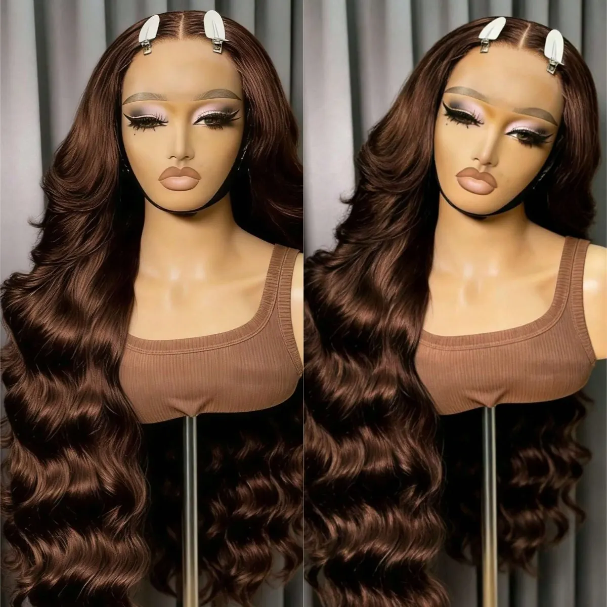 

Парик из натуральных волос с волнистыми локонами, шоколадно-коричневый, плотность 250, с HD-кружевной передней частью 13x4, без клея, для женщин