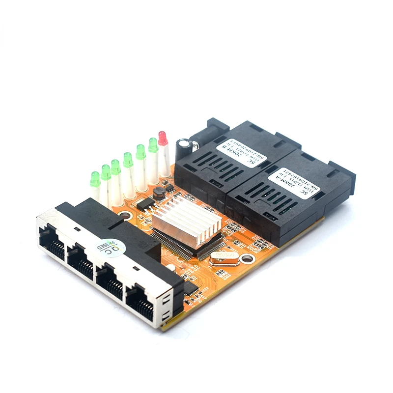 Reverse PoE 10/100M Fast Single Mode 2 SC Fiber 4 Lan Port Media Converter Passive POE PCB Board