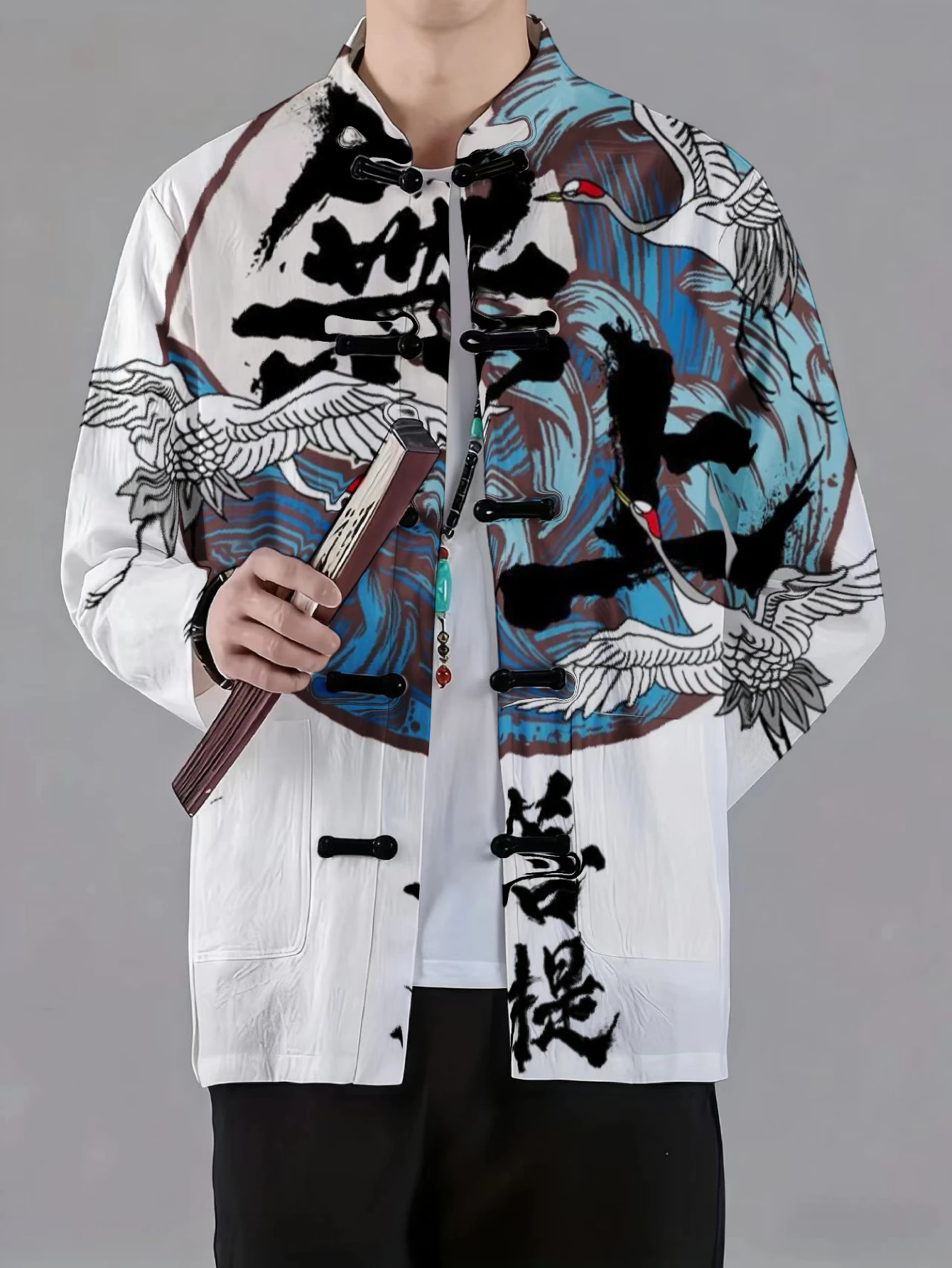 Men Men Mandarin Collar Frog Button Jacket Bamboo Crane Floral Feather Art Print Traditional Outerwear - Aliexpress Deal