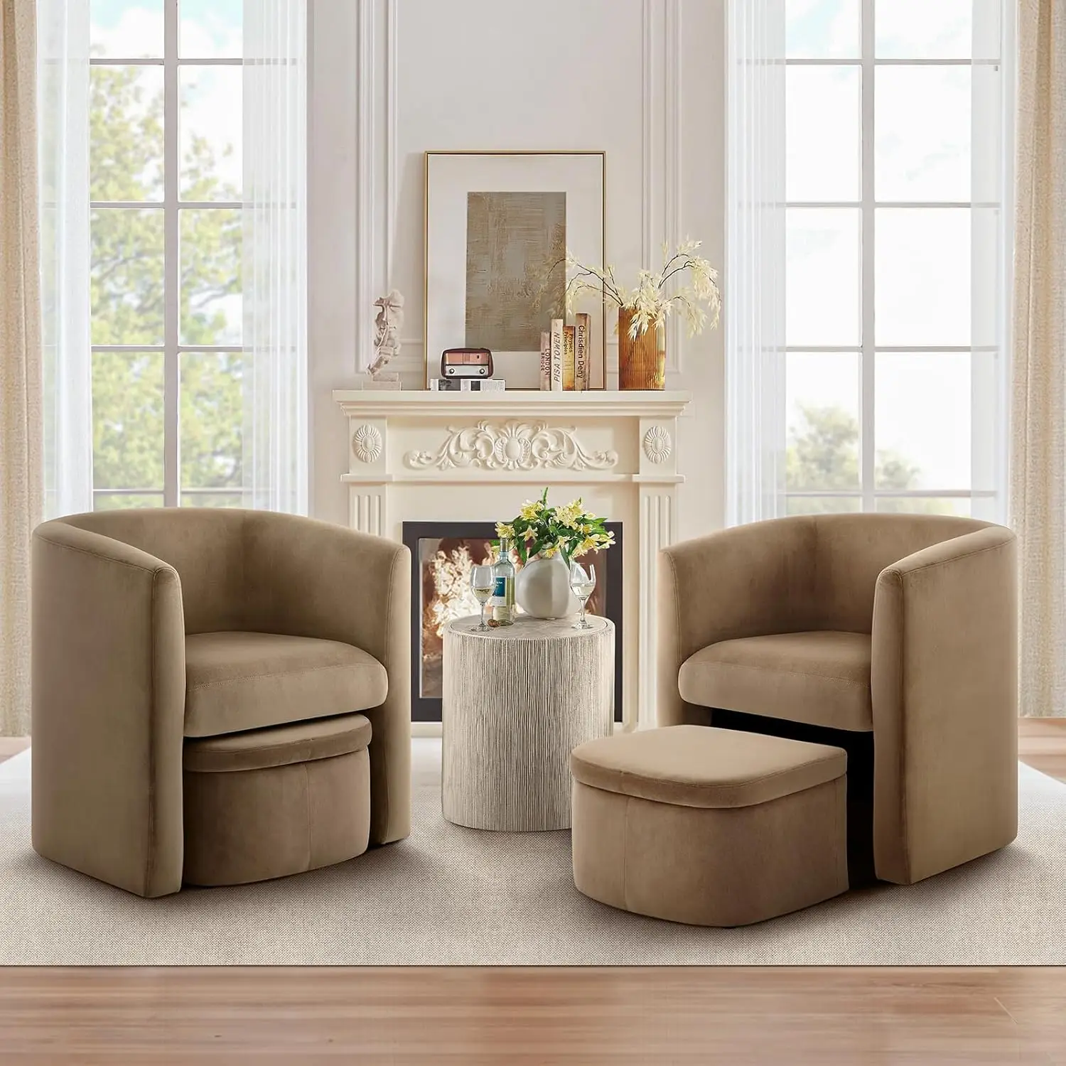 Upholstered Velvet Barrel Accent Chair with Storage Ottoman Set of 2 Morden Living Room Side Chair Single Sofa Armchair Khaki