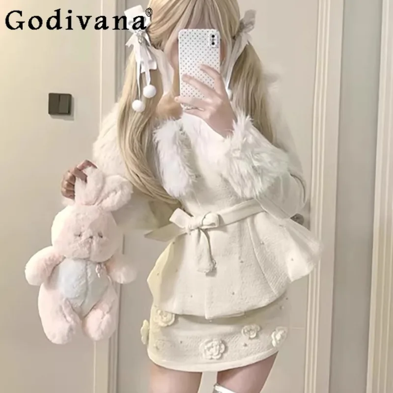 

Three Dimensional Floral Skirt Outfit Girls Autumn Winter Fur Collar Woolen Coat Two Pieces Set Women Japanese Lolita Suit