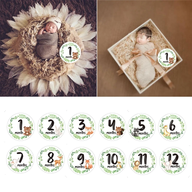 12 Pcs/Set Baby Monthly Record Cartoon Animal Floral Printed Stickers Newborn Milestone Stickers Memorial Month Stickers