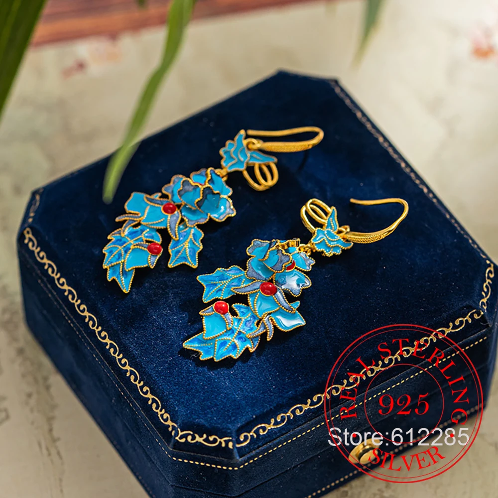 

925 Sterling Silver Jewelry Vintage 18K Gold Plated Luxury Enamel Filigree Drop Earrings for Women Wedding Party Jewelry Gift