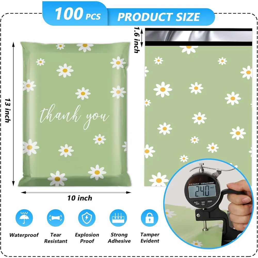 10x13 Inch 100 Pack Waterproof Tear-Resistant Shipping Bags for Clothing and Small Business - Chrysanthemum Print