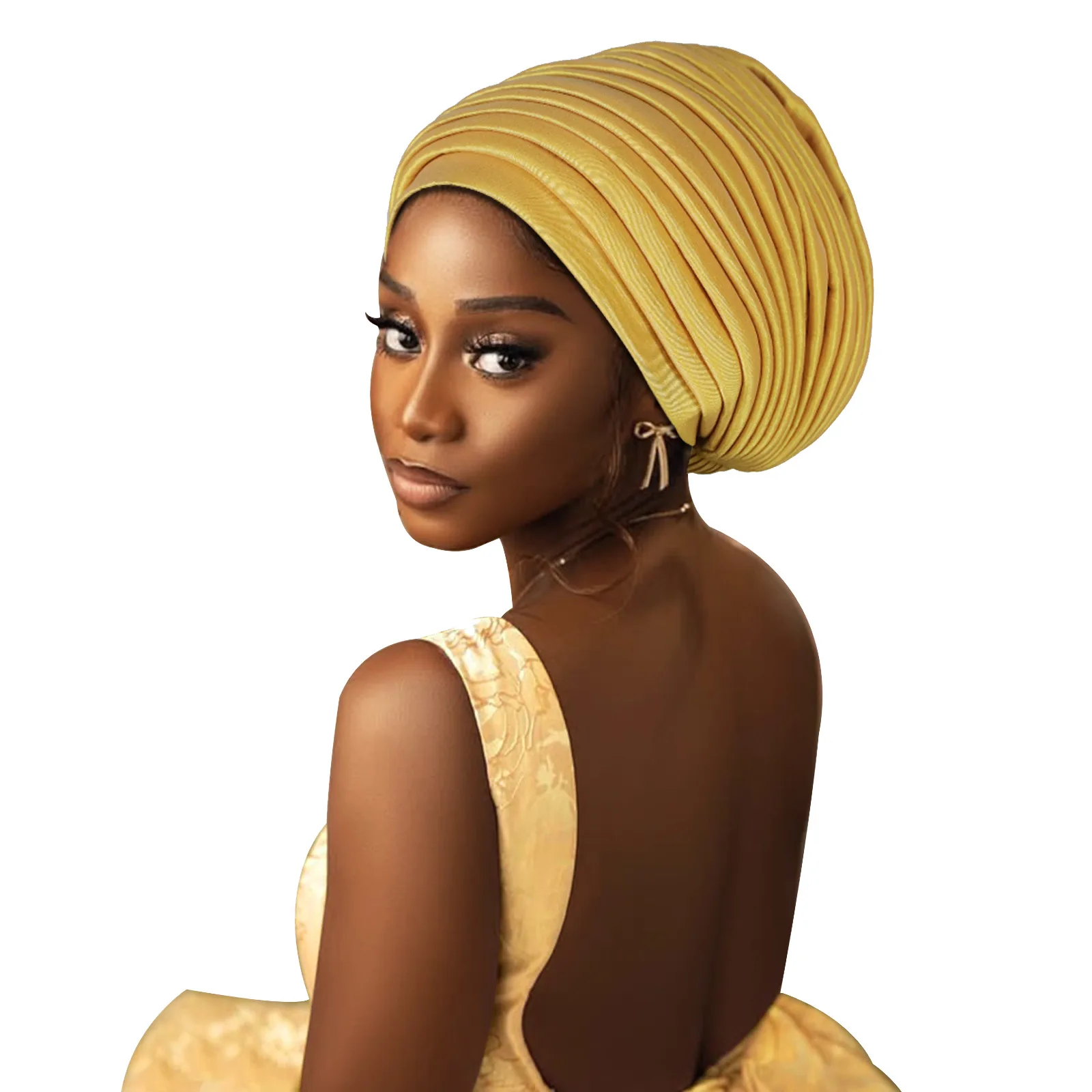 

2025 Raw Silk Pleated Turban Cap for Women African Female Head Ties Head Wraps Nigeria Lady Headwear Hat Wedding Headtie