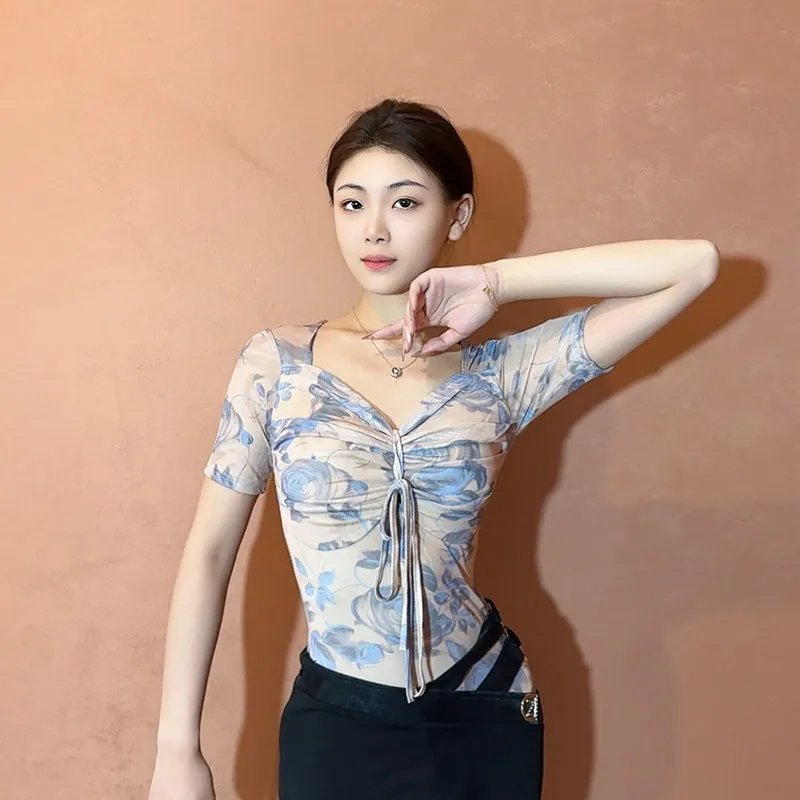

New Arrival Women's Dance Bodysuit Mesh V Neck Short Sleeves Comfortable Stretchy Fabric Suitable for Latin Ballroom Training