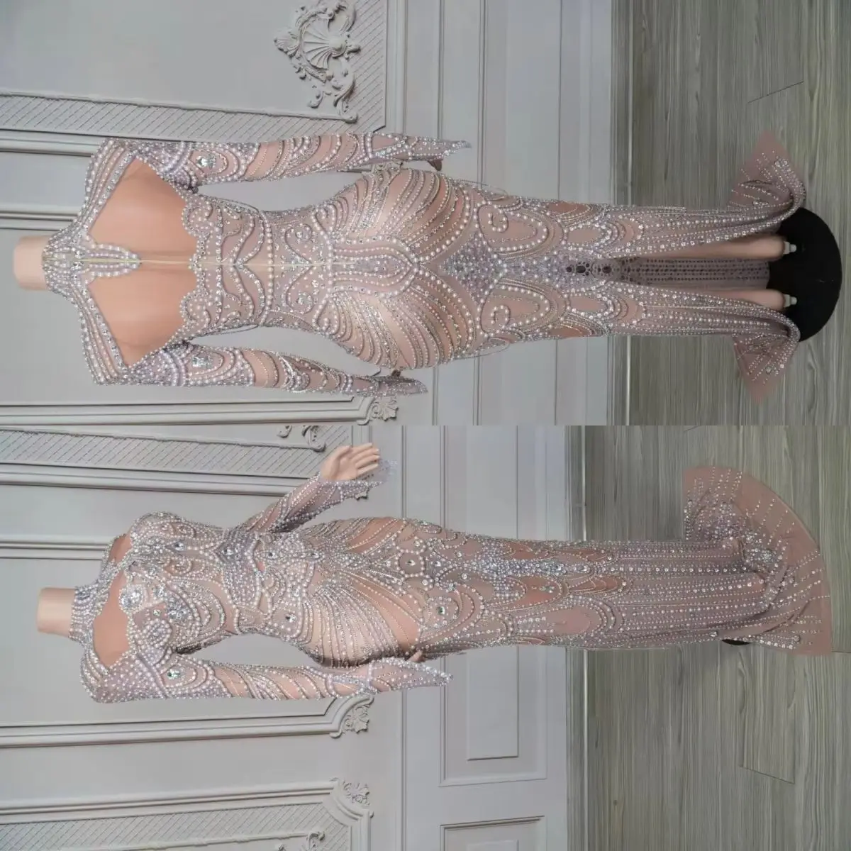 

Sparkly Rhinestones Pearls Luxury Long Dress for Women Elegant Evening Birthday Celebrate Wedding Photo Shoot Dresses Nianlun