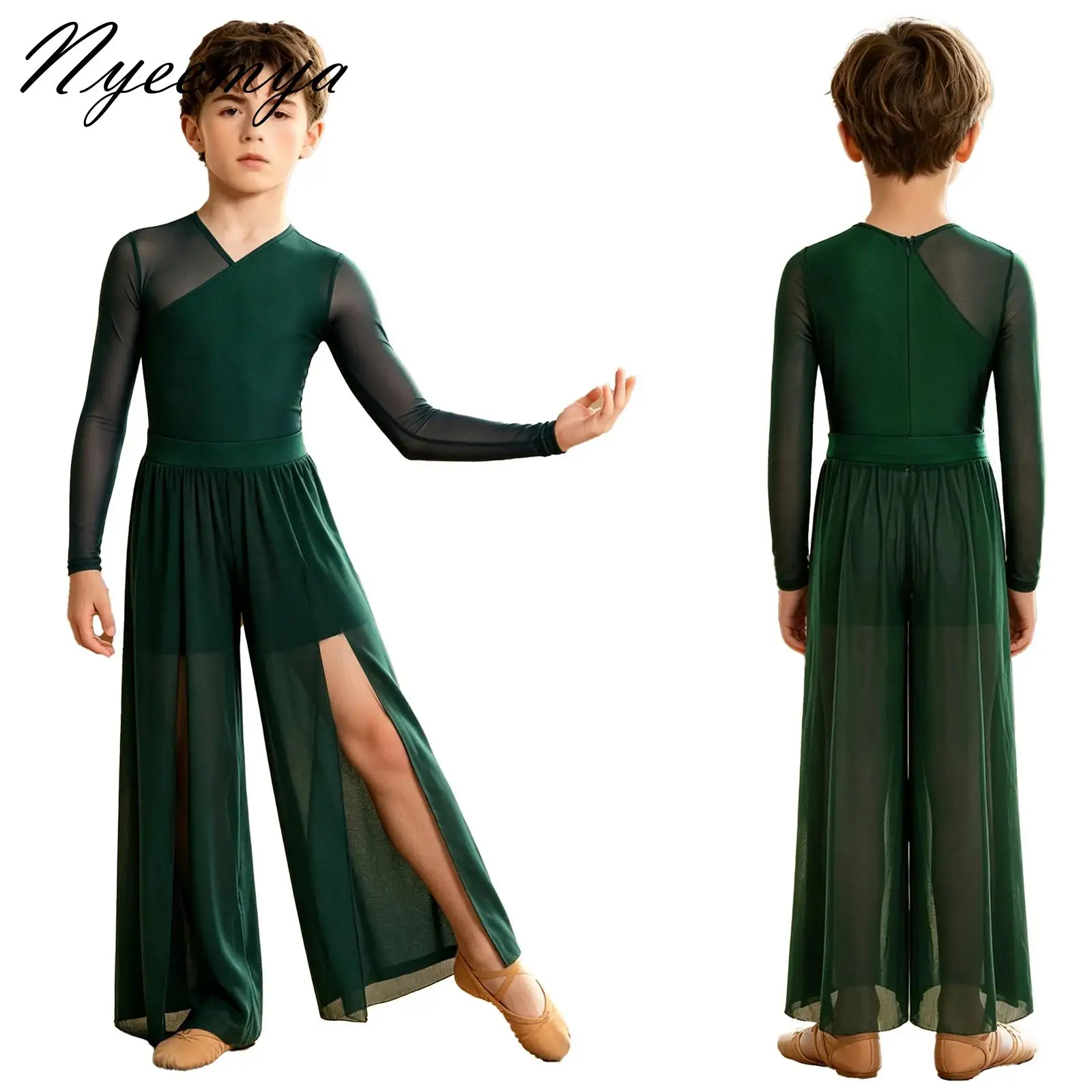 

Kids Boys Modern Ballet Dance Outfit Long Sleeve Gymnastics Bodysuit with Split Mesh Pants Performance Competition Clothes Sets