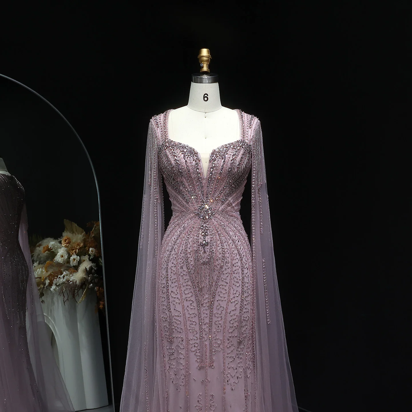 Sharon Said Dubai Luxuriöses Champagner-Meerjungfrauenkleid mit Cape-Ärmeln für Damen, Hochzeitsfeier, Ballkleider SS024, Maßanfertigung – Detail 4