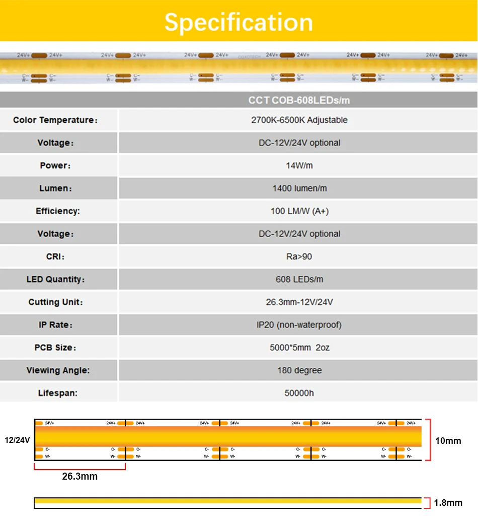 COB CCT LED-Streifenlicht, 608 LEDs/m, hohe Dichte, flexibel, dimmbar, FOB-LED-Leuchten, RA90, 2700 K bis 6500 K, wechselbar, linear, DC12 V, 24 V – Detail 2