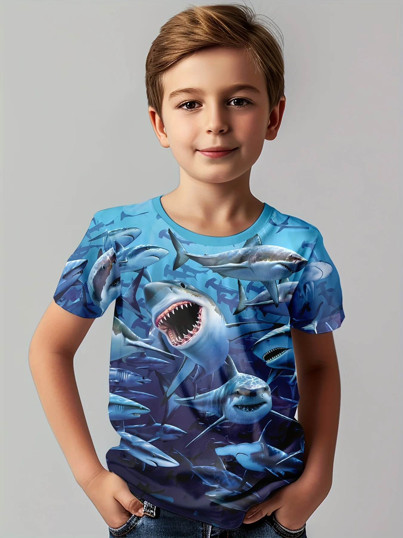 3D Printed Deep Sea Shark Boys Round Neck t-shirt Short Sleeve Peplum Casual Summer Micro Stretch Ice Silk Fabric T-Shirt Top