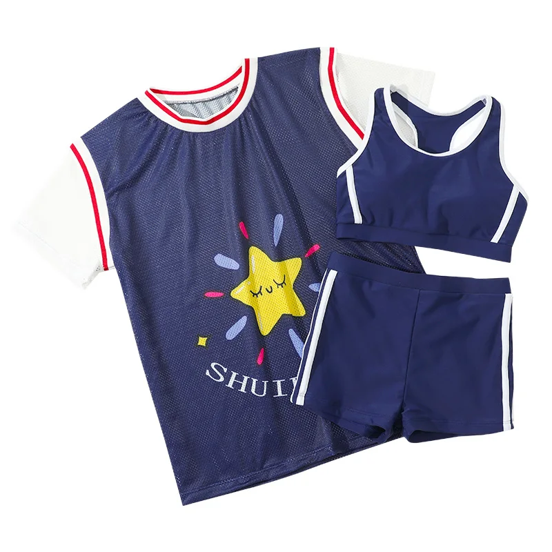 

Girl Two Piece Swimsuit with Cover up Short Sleeve Shirt Bra Trunks Star Print Teenager Kids Bikini Three Pieces Beach Wear 2022