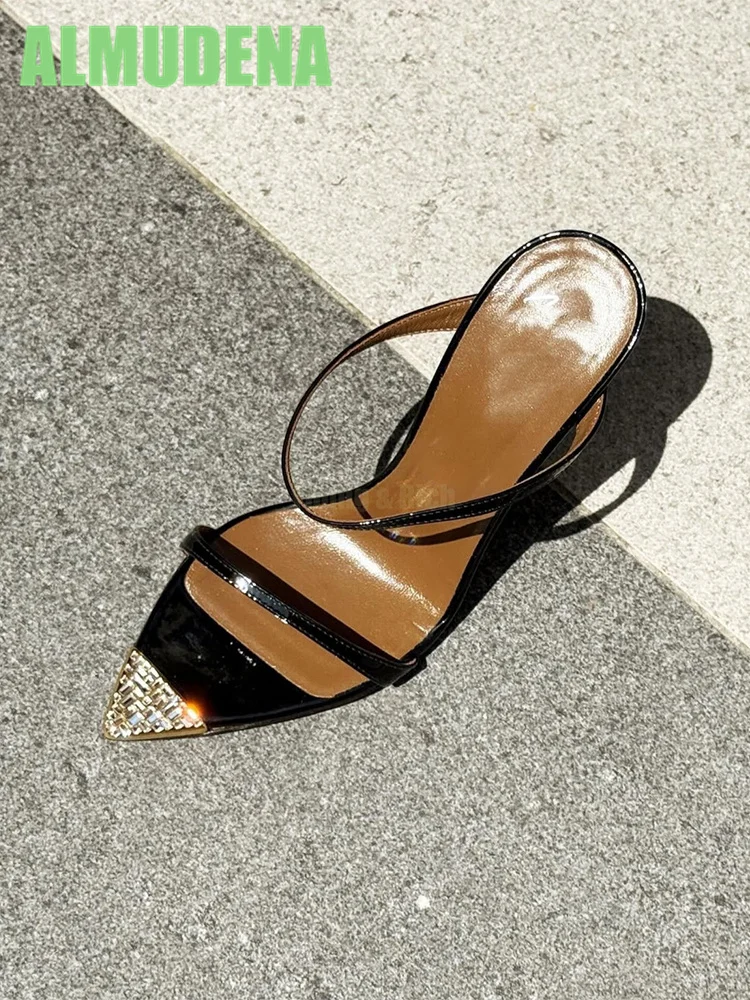 

Sharp Pointed Rhinestone Gold High Slim Heels Fashionable and Sexy Open Toed Banquet Women's Slippers Single Strap Sandals