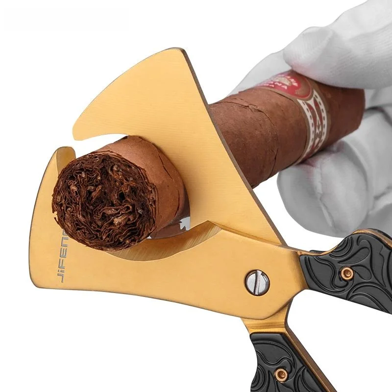 

Jifeng Seasonal Wind Stainless Steel Blade Cigar Scissors Sharp Engraved Pattern Large Ring Diameter Retro Cigar Scissors